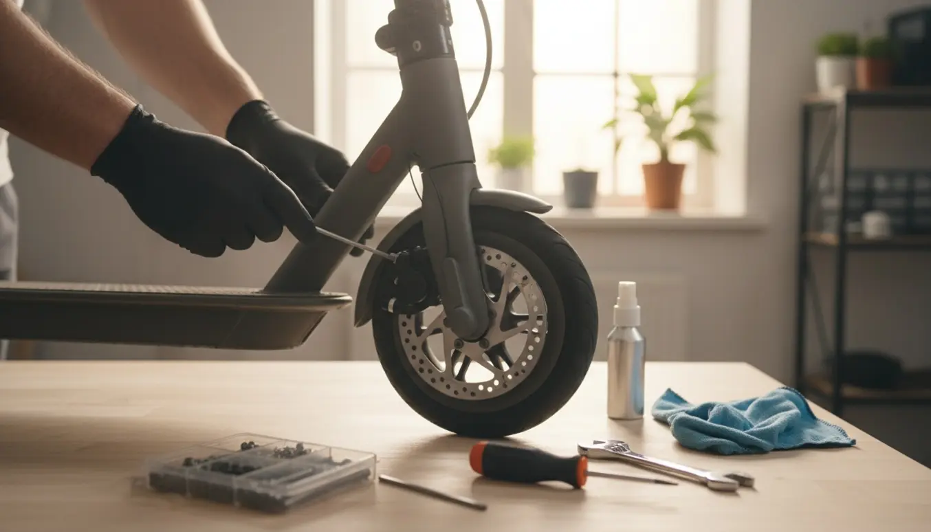 Nærbillede af hænder, der justerer bremse og kabel på et elektrisk løbehjul i et lyst værksted.