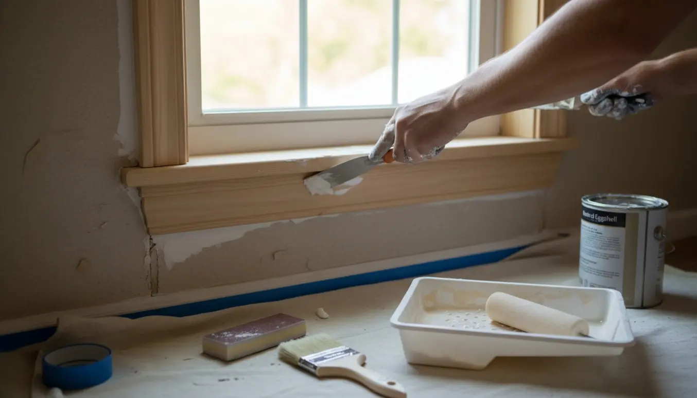 Nærbillede af hænder, der spartler og maler rundt om et vindue med nye lister.