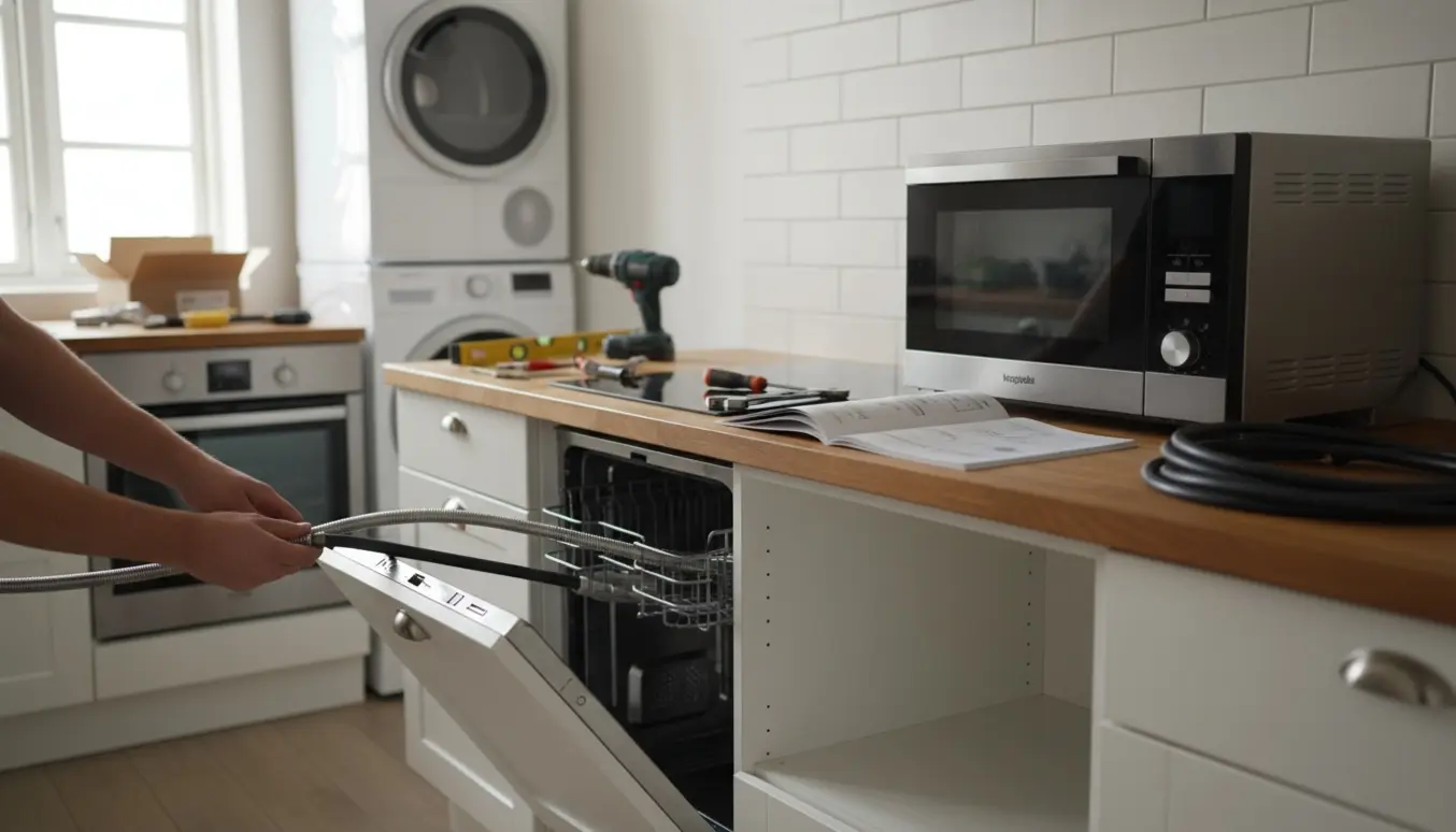 Teknikere installerer indbyggede køkkenapparater—opvaskemaskine, ovn, vaskemaskine og tørretumbler—i et moderne køkken.