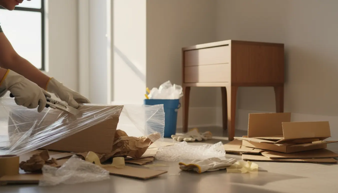 Person fjerner pap og plastik fra møbel i en lys lejlighedsgang.