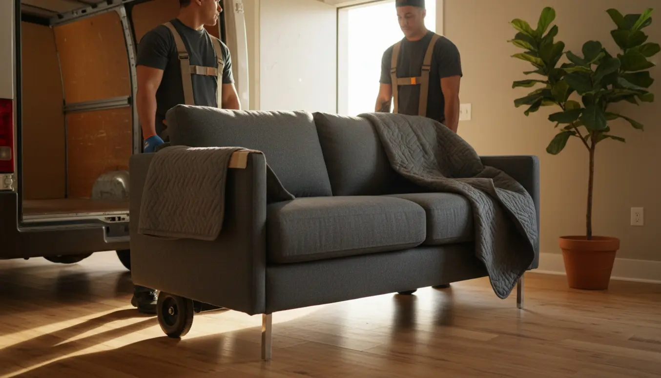 Flyttefolk bærer en sofa fra en åben flyttevogn ind i en stue i blødt eftermiddagslys.