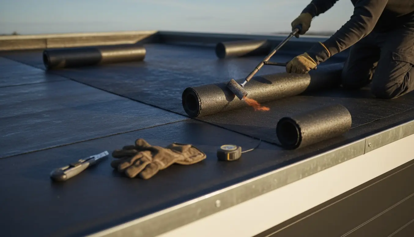 Nærbillede af tagarbejde på en garage med tagpapruller, gasbrænder og arbejdshænder uden synlige ansigter.