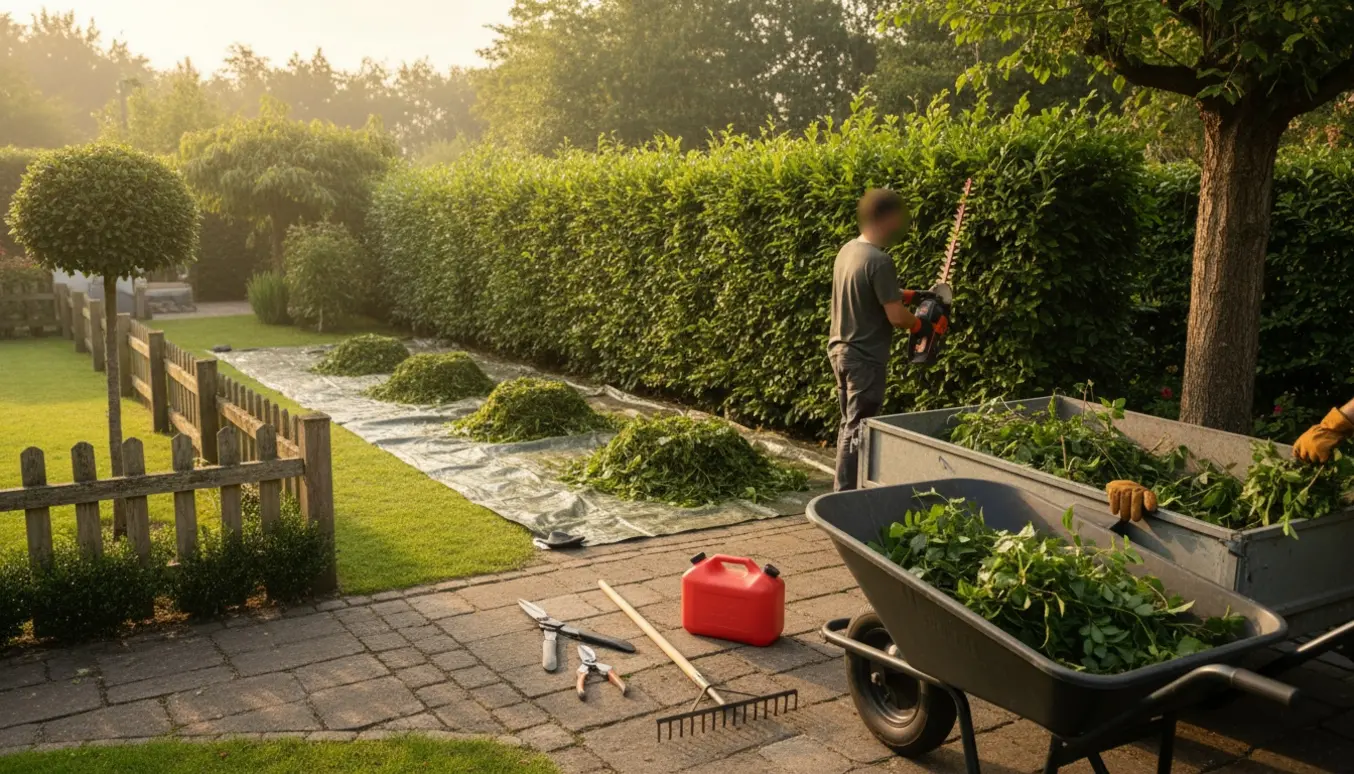 Beskåret hæk med samlet grønt affald og en person set bagfra klar til bortkørsel.