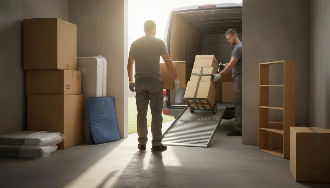 Åben stueetage-opbevaringsenhed med kasser, møbler og en varebil klar til flytning.