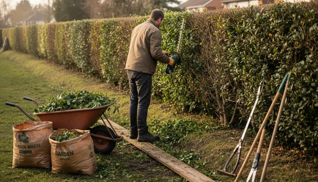 Person trimmer en lang hæk set bagfra med afklip i en trillebør og planke på blød jord.