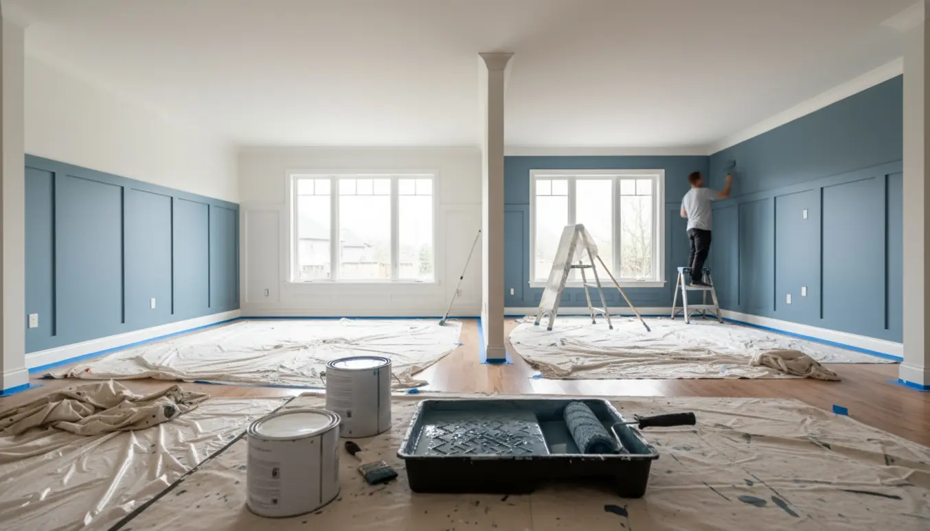 To tomme stuer under maling med afdækket gulv, hvidt loft og blå panelvæg, maler set bagfra uden ansigt.