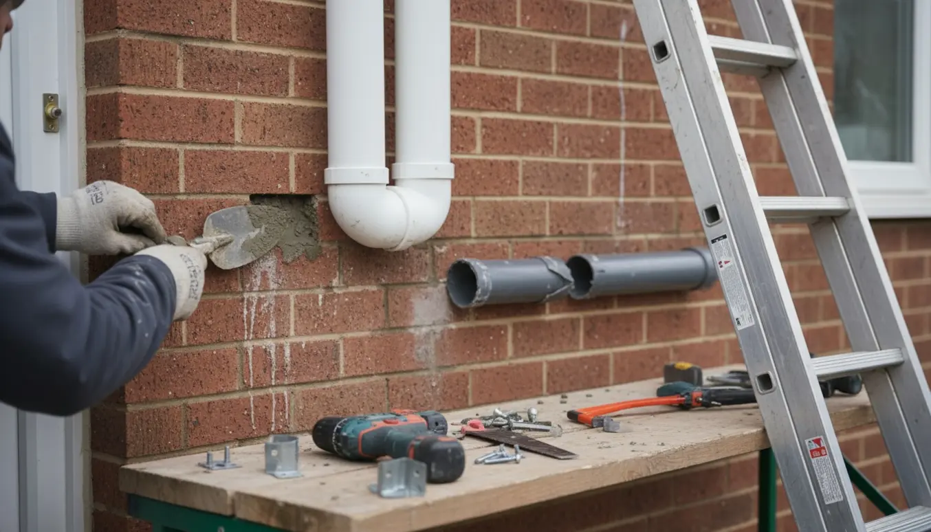 Handskerede hænder monterer et nyt nedløbsrør og reparerer et hul i husmuren.