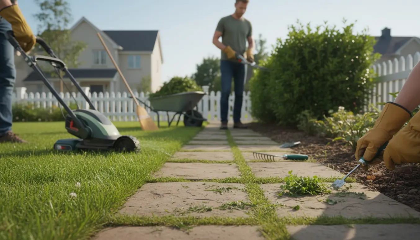 Hænder klipper græskanter, trimmer hæk og fjerner ukrudt mellem sten i en forhave.