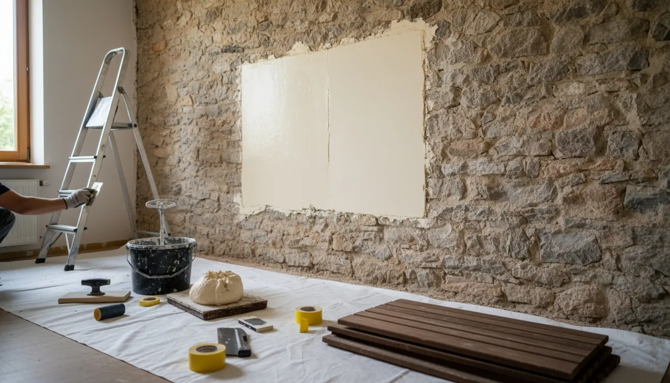Rå mur delvist nypudset og glatspartlet i et rum med værktøj og sollys.