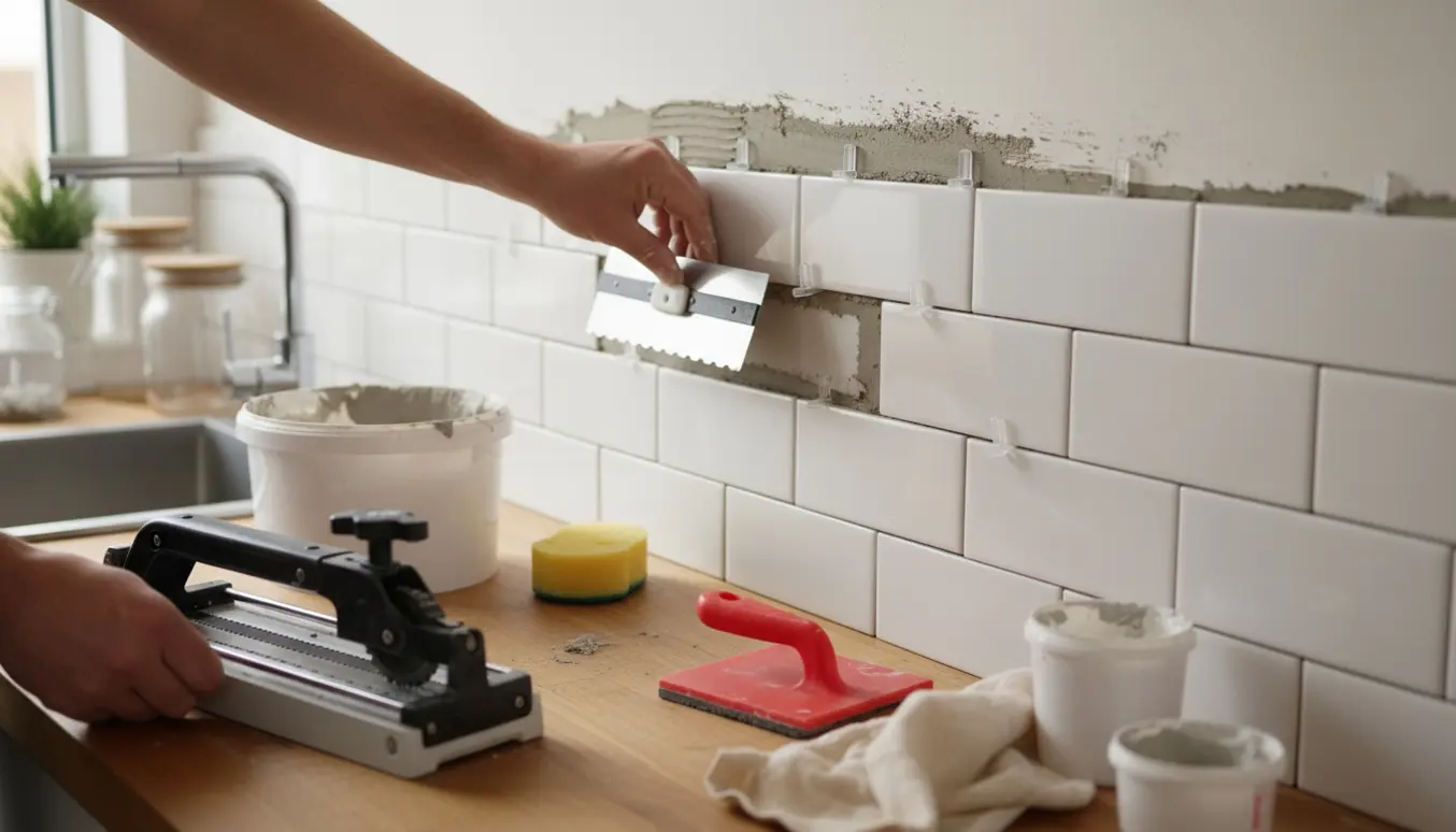 Påbegyndt opsætning af små køkkenfliser på en gipsvæg med håndværkerhænder og værktøj i forgrunden.