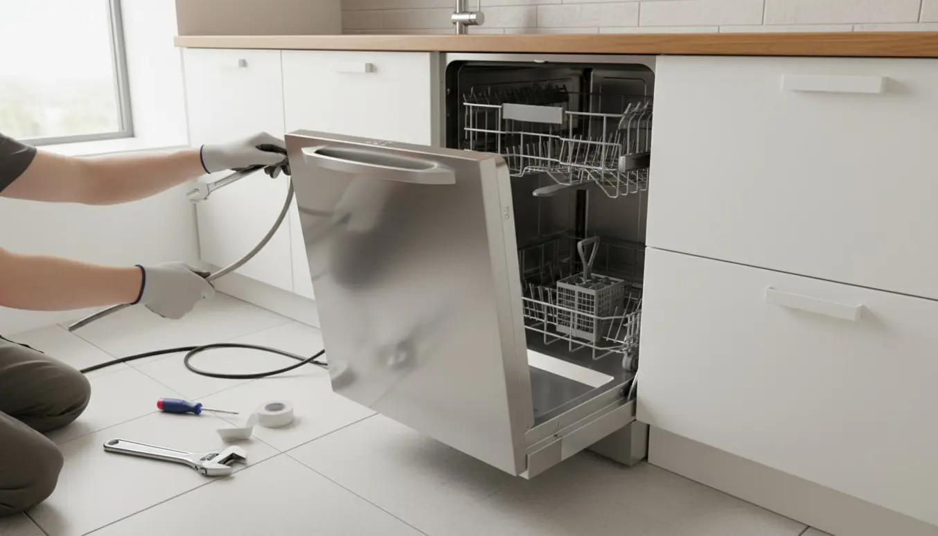 Fritstående opvaskemaskine skubbes på plads mellem to køkkenskabe, hænder forbinder vandslange og strømtilslutning.