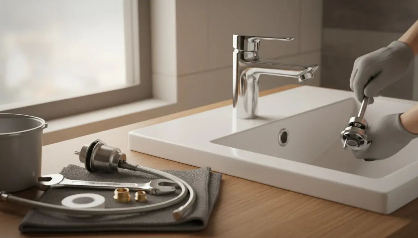 Krom håndvaskarmatur under udskiftning ved vasken med værktøj og reservedele.