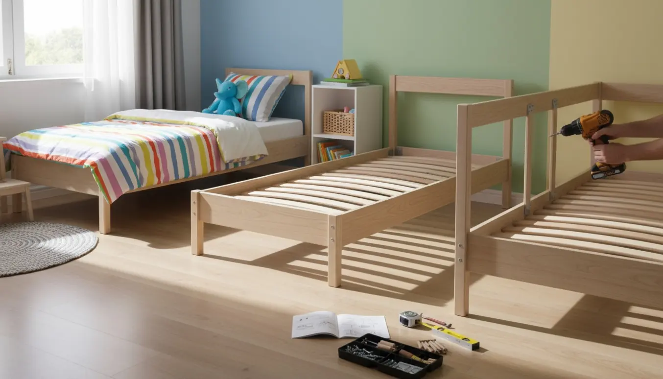 Hænder samler tre børnesenge i et lyst børneværelse med værktøj og farverigt sengetøj.