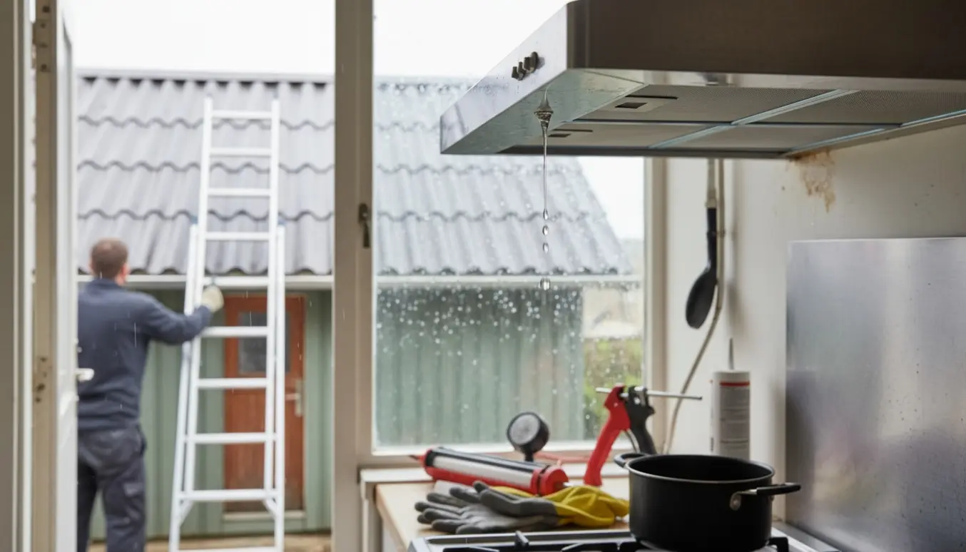 Regnfuld inspektion af vandlækage ved emhætten i et sommerhus med dryppende emhætte, værktøj på bordet og stige mod bølgeeternittaget.