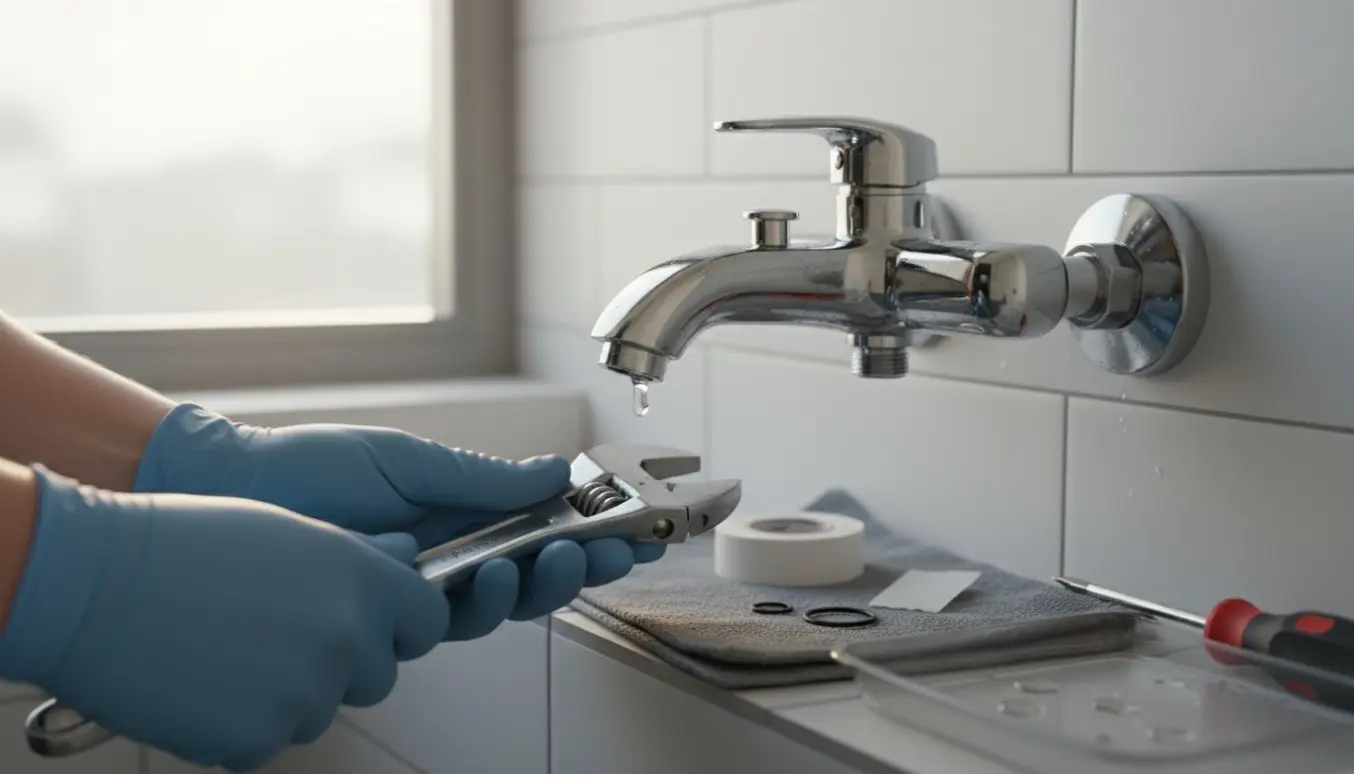 Nærbillede af dryppende krom bruserarmatur med værktøj og tætningsmaterialer klar til reparation.