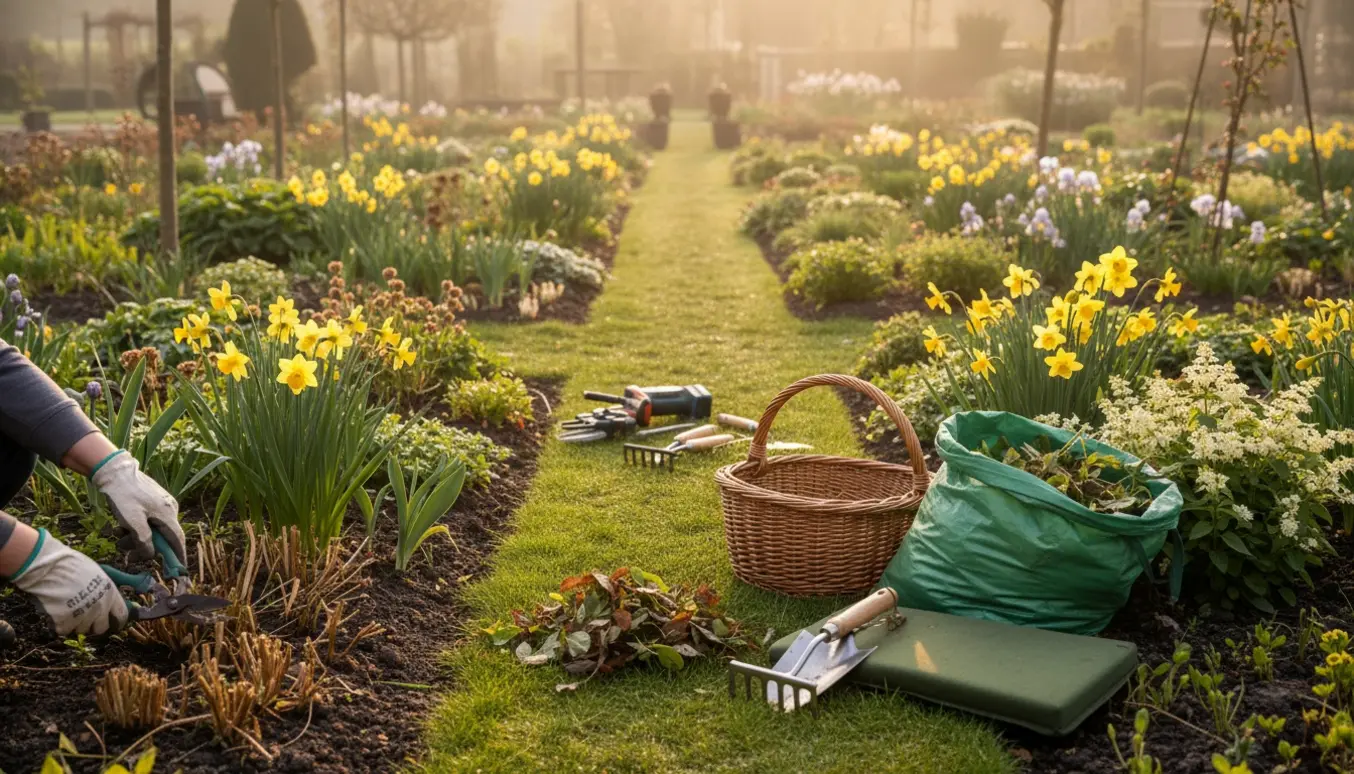 Nærbillede af arbejdshænder, der klipper og renser to blomsterbede med stauder og påskeliljer.