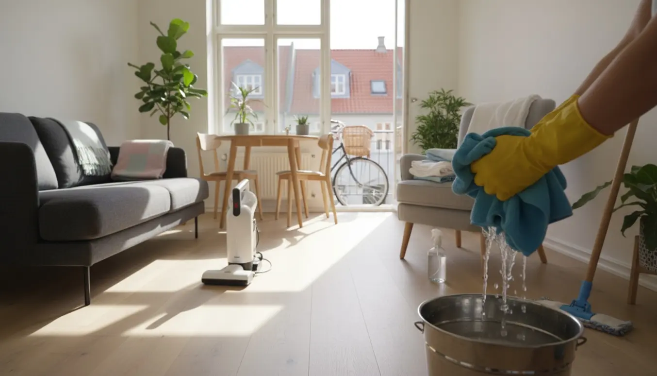 Hænder rengør en lille skandinavisk lejlighed i København med rengøringsudstyr og sollys gennem vinduet.