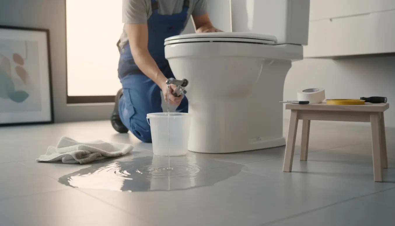 Utæt toilet med vandpyt ved bunden, en spand og værktøj klar til reparation.
