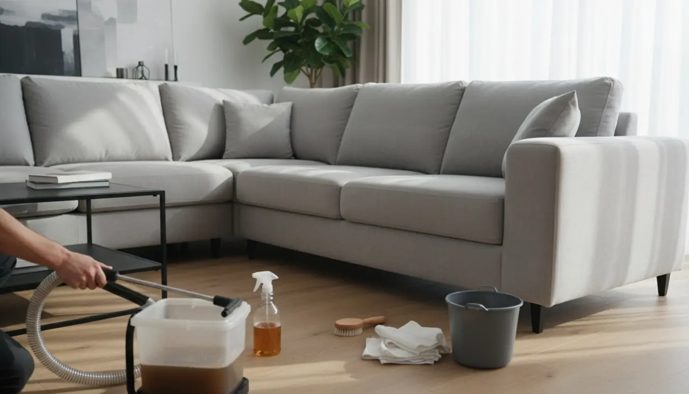 Hænder rengør en lys grå 5–6-personers hjørnesofa med en møbelrensningsmaskine i et lyst stueinteriør.