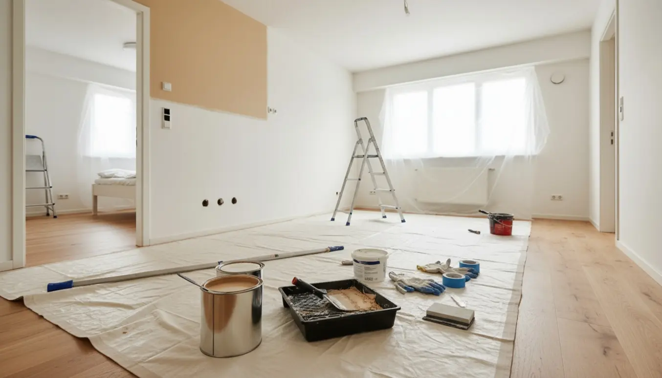 Værktøj og materialer til maling i en stue med en væg delvist malet fra hvid til beige.