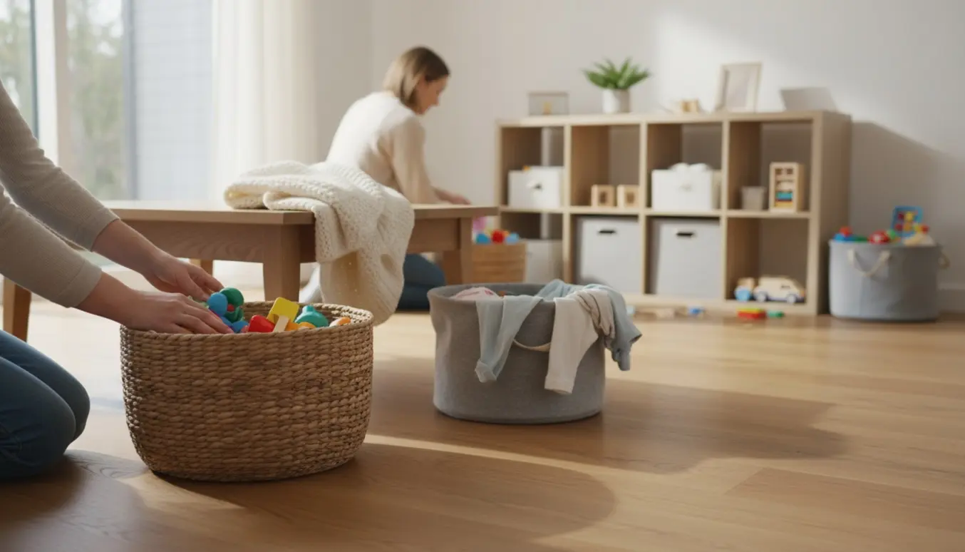 Hænder lægger legetøj i en flettet kurv i en solbelyst, organiseret stue med foldet tøj og ryddede hylder.