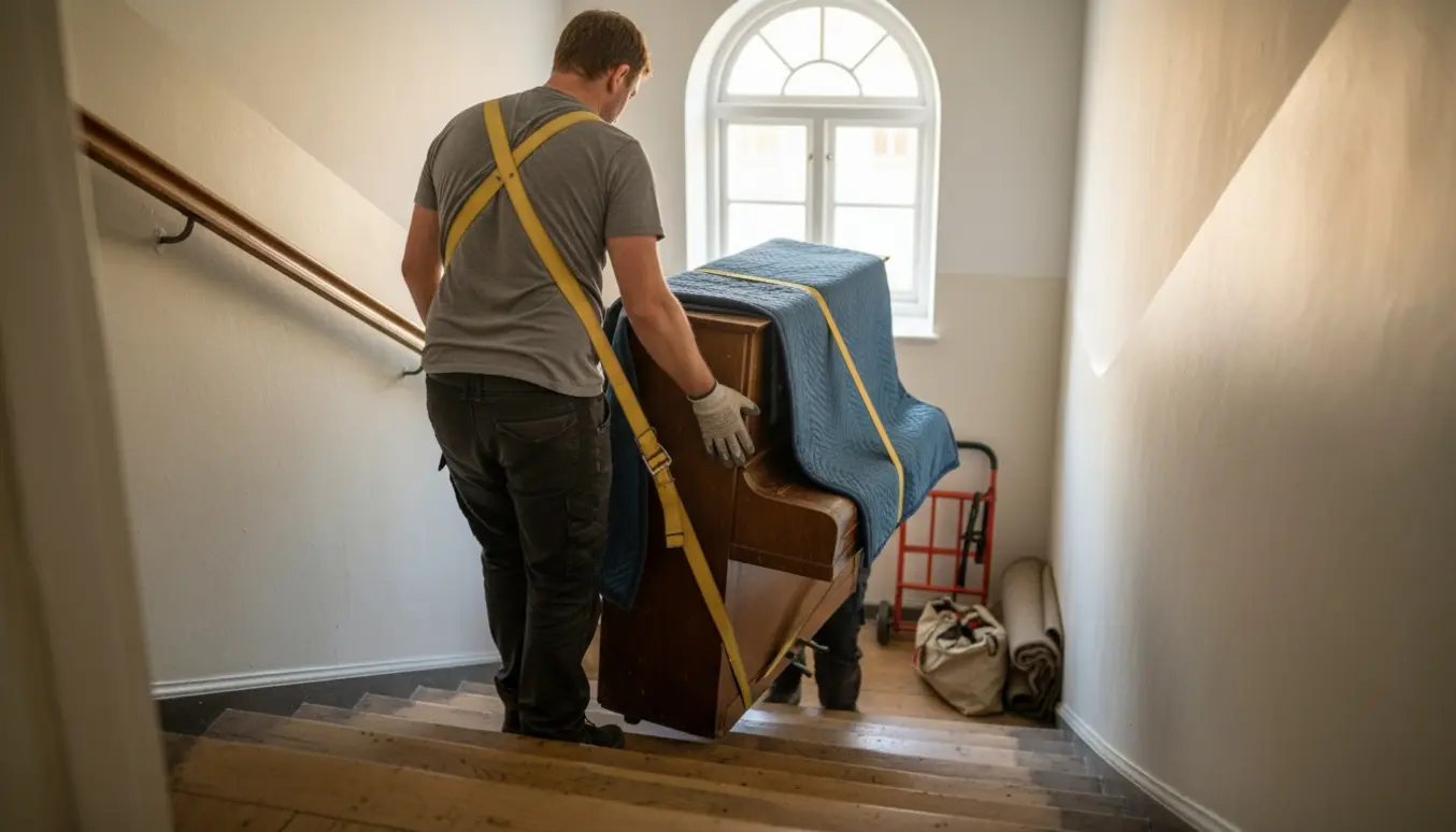 To personer bærer et klaver op ad en smal, soloplyst trappe i en dansk opgang.