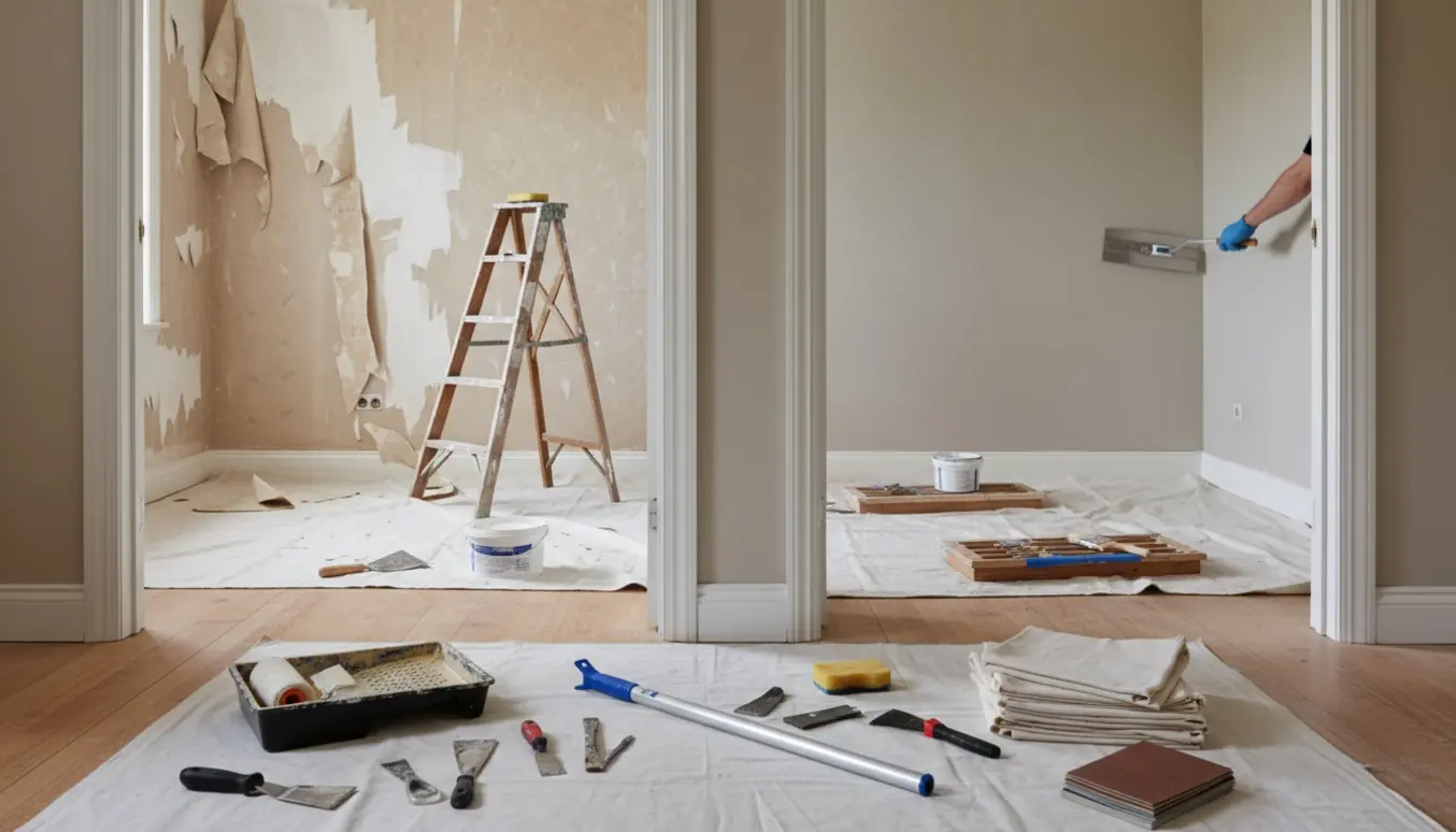 To små værelser under renovering med fjernet tapet, spartelværktøj, malerbøtte og nymalede vindueskarme.