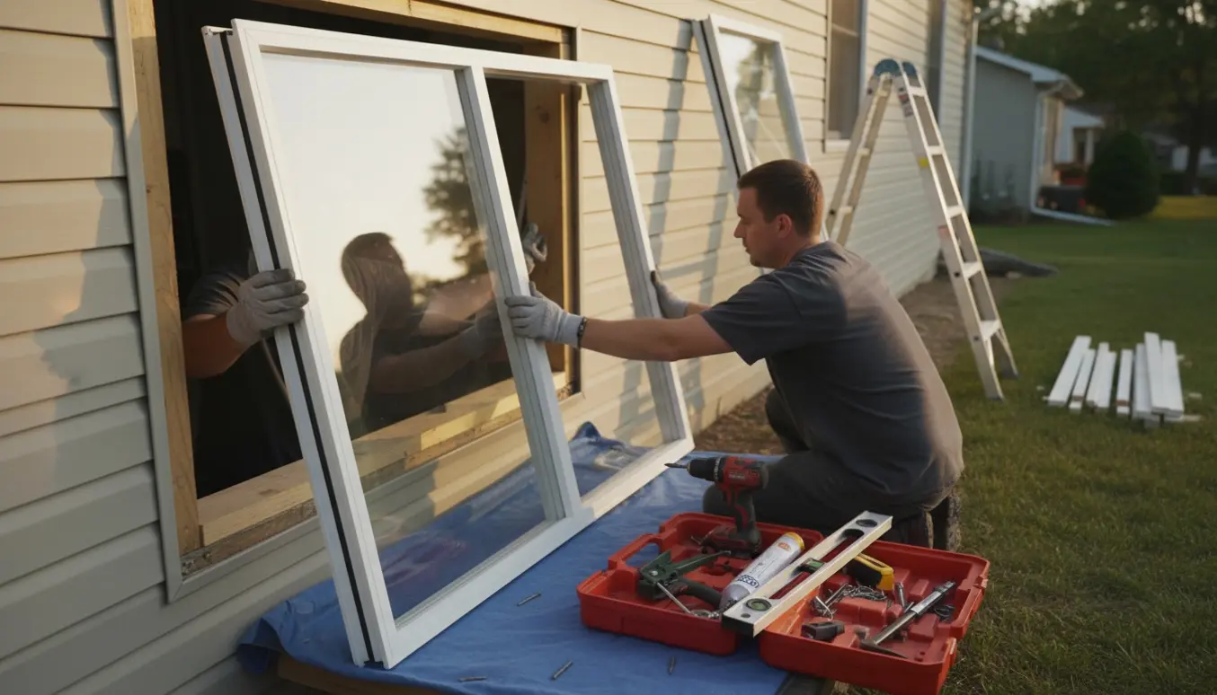 Håndværker og boligejer arbejder sammen om at udskifte vinduer og en terrassedør med værktøj og nye rammer.