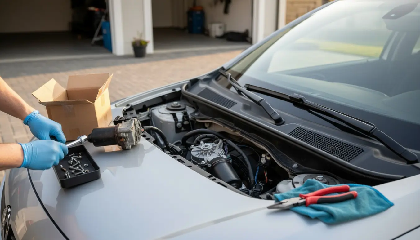 Gloved hænder fjerner en defekt vinduesviskermotor fra en bils forrude med værktøj og dele ved siden af.