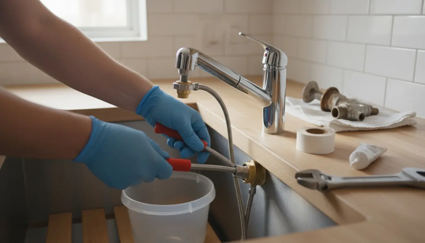 Hænder monterer en ny krom vandhane ved en køkkenvask med værktøj og reservedele.