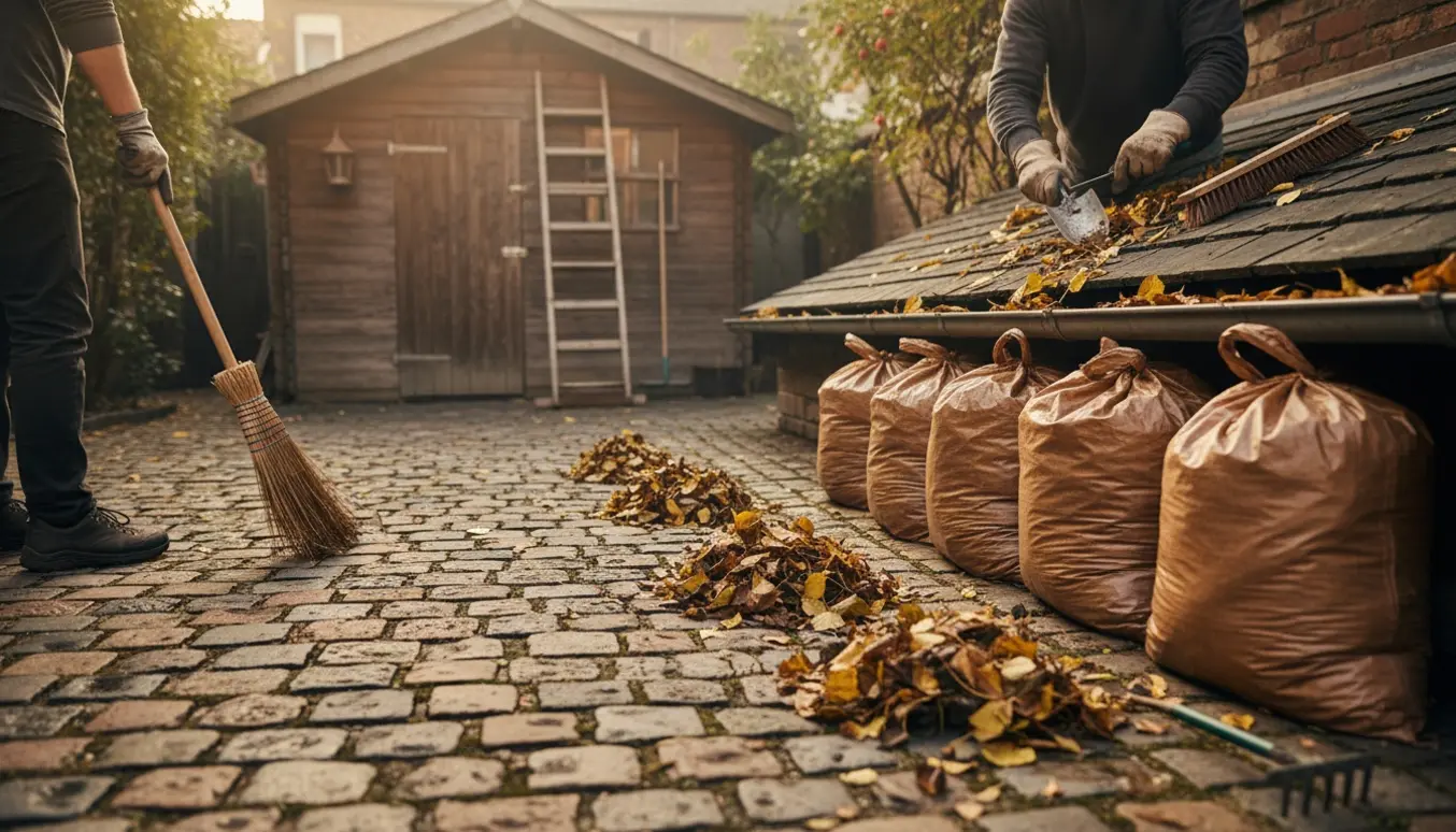 Lille brostensgård med et skur, hvor en person rydder blade, fjerner ukrudt og fylder haverposer.