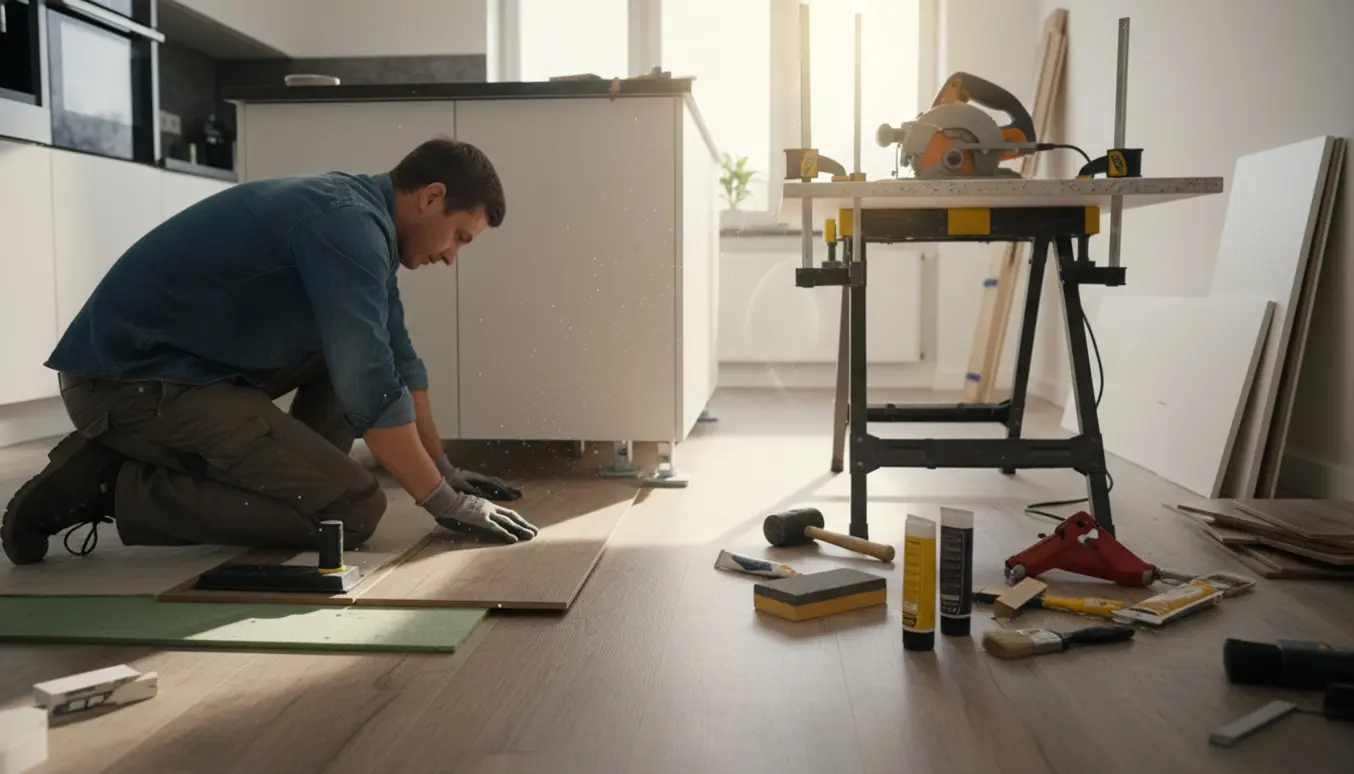 Tømrer lægger nyt laminatgulv og skærer bordplade i et køkken under renovering.