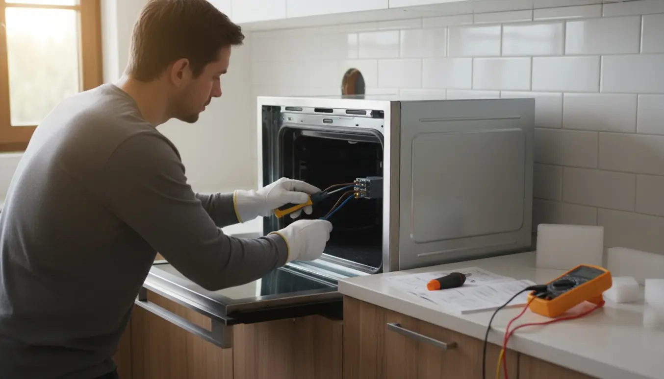 En elektriker forbinder et eksisterende kabel til en ny indbygningsovn i et lyst, moderne køkken.