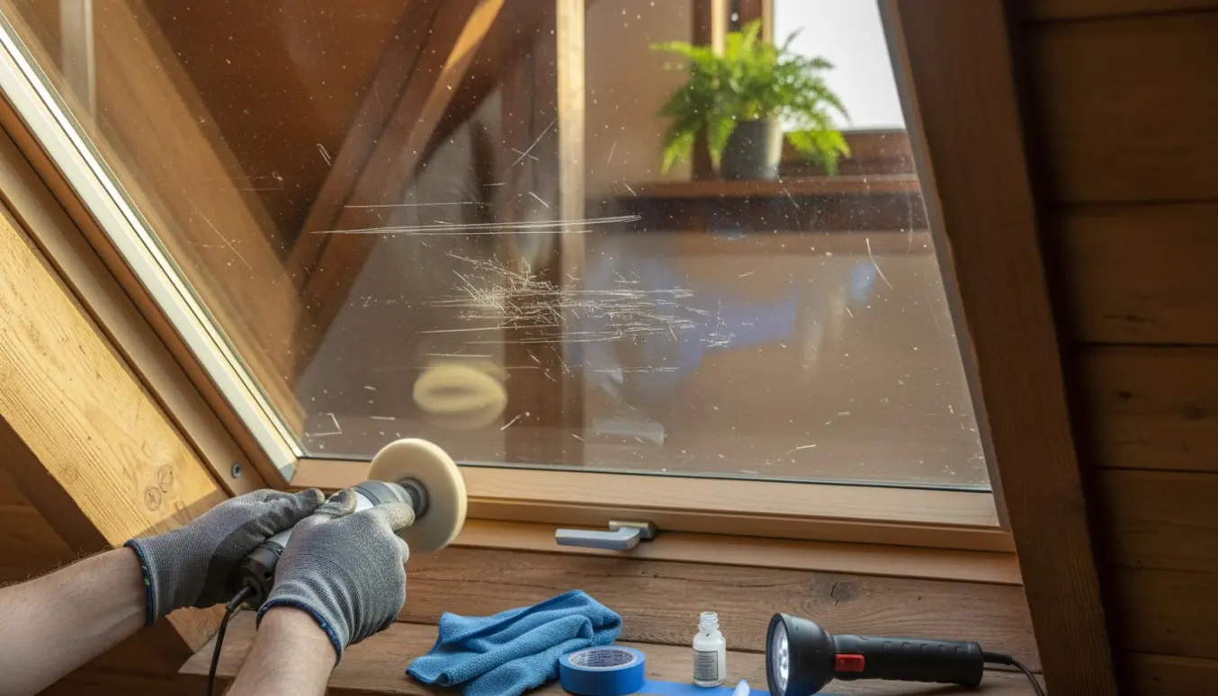 Handsker polerer vandrette ridser i en tagvinduesrude med polerværktøj.