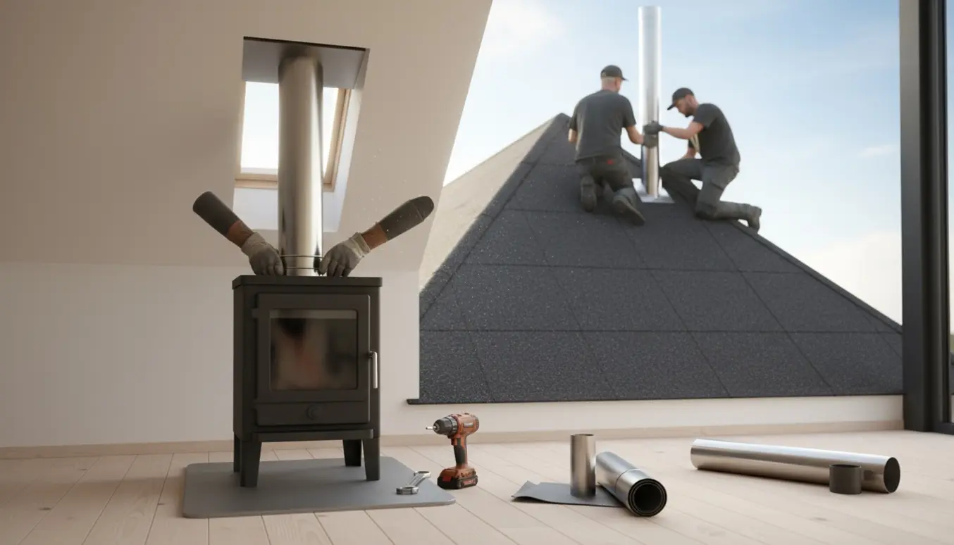Ny sort brændeovn monteres gennem tagpap-tag med synlig skorsten og installatører, uden tydelige ansigter.