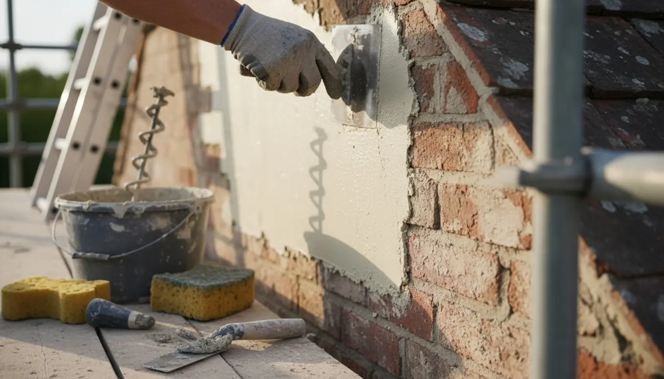 Nærbillede af hænder, der glatter frisk puds ud over reparerede revner på en gavl.