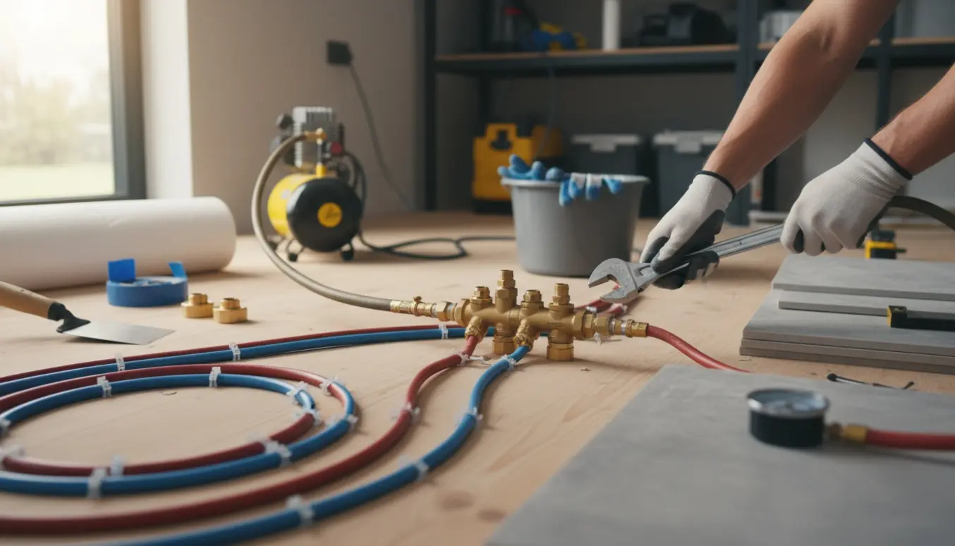 Hænder tilslutter gulvvarmeslanger til en fordelerskabelon og tester to systemer med luft i et lyst teknikrum.