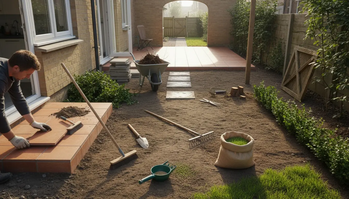 Nyrenset forhave med fliser og baghave under omdannelse til græs med fjernede buske, stakke af fliser og nye ligusterplanter klar til plantning.