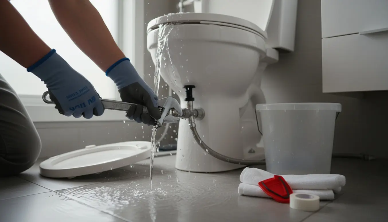 Hænder skruer afspærringsventilen ved et åbent toiletcisterne mens vand løber ned i kummen.