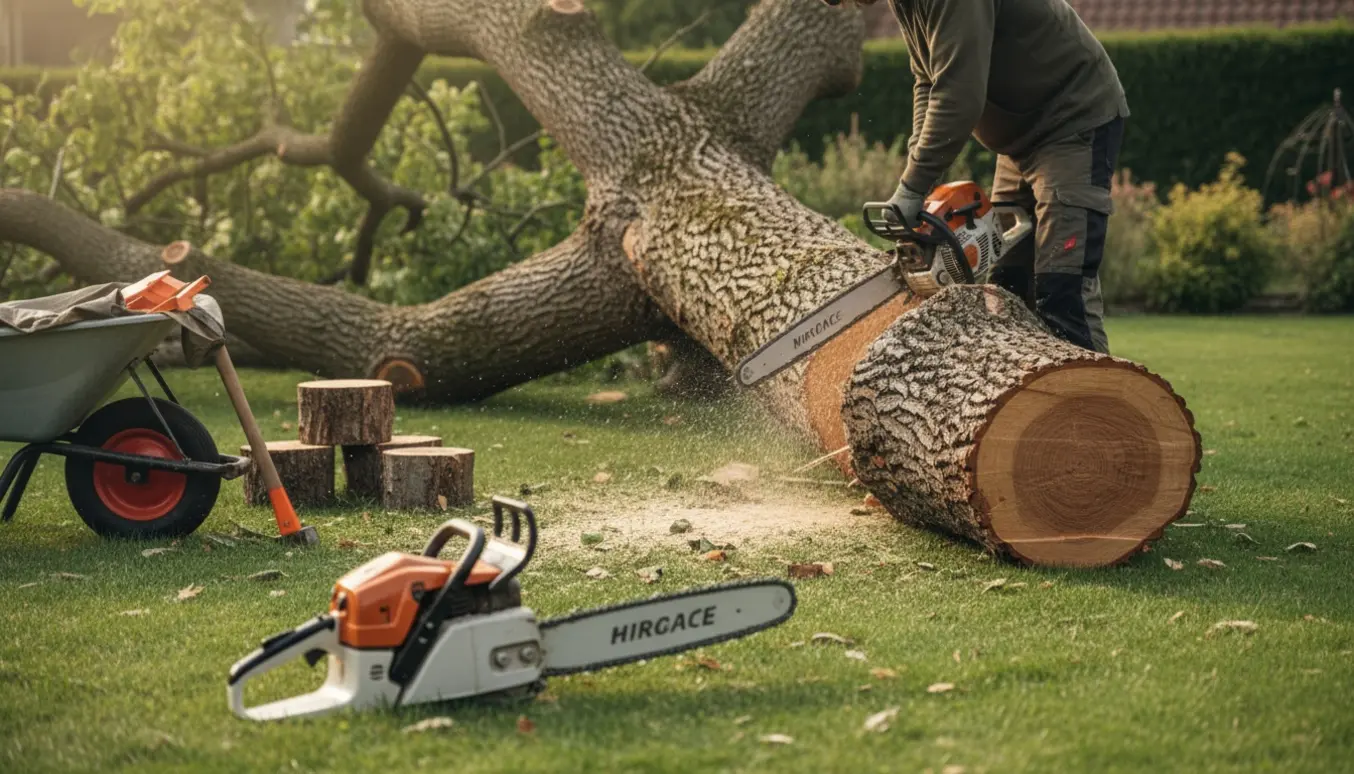 Opdeling af et væltet lindetræ med motorsav og stablede træstykker på en privat grund.