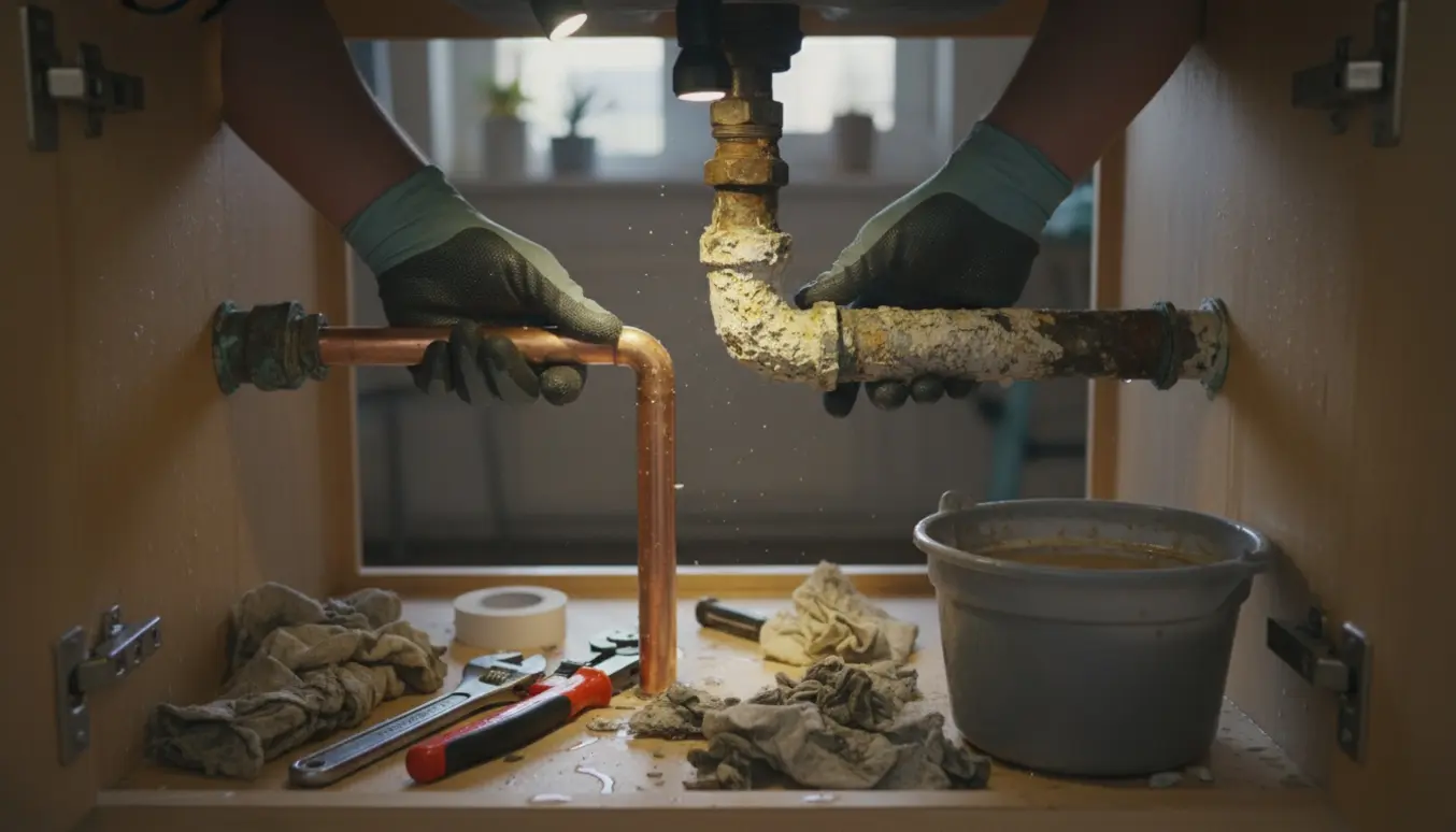 Nærbillede af hænder, der udskifter stærkt kalkede vandrør under en køkkenvask med værktøj og afkalkningsrester.