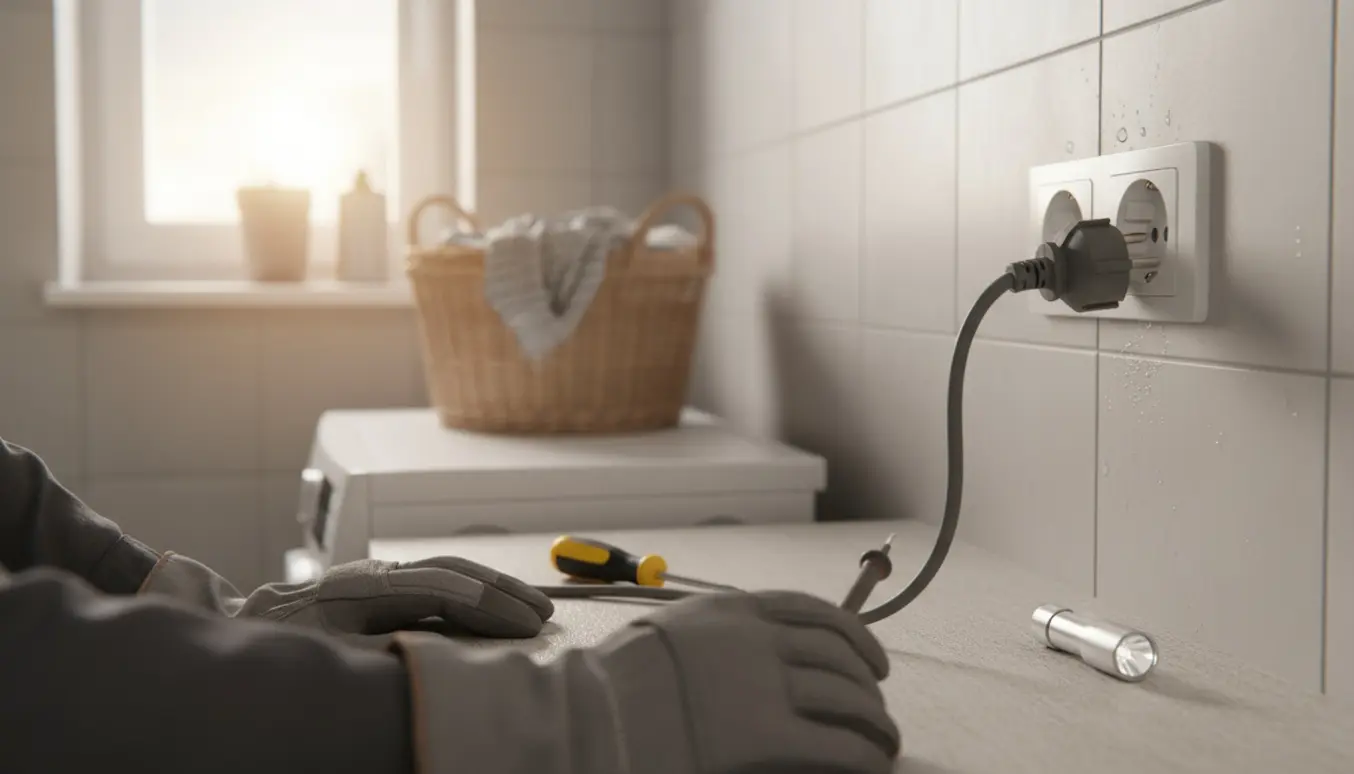 Nærbillede af en fugtig stikkontakt i et bryggers med isolerede handsker, multimeter og vaskemaskine i baggrunden.