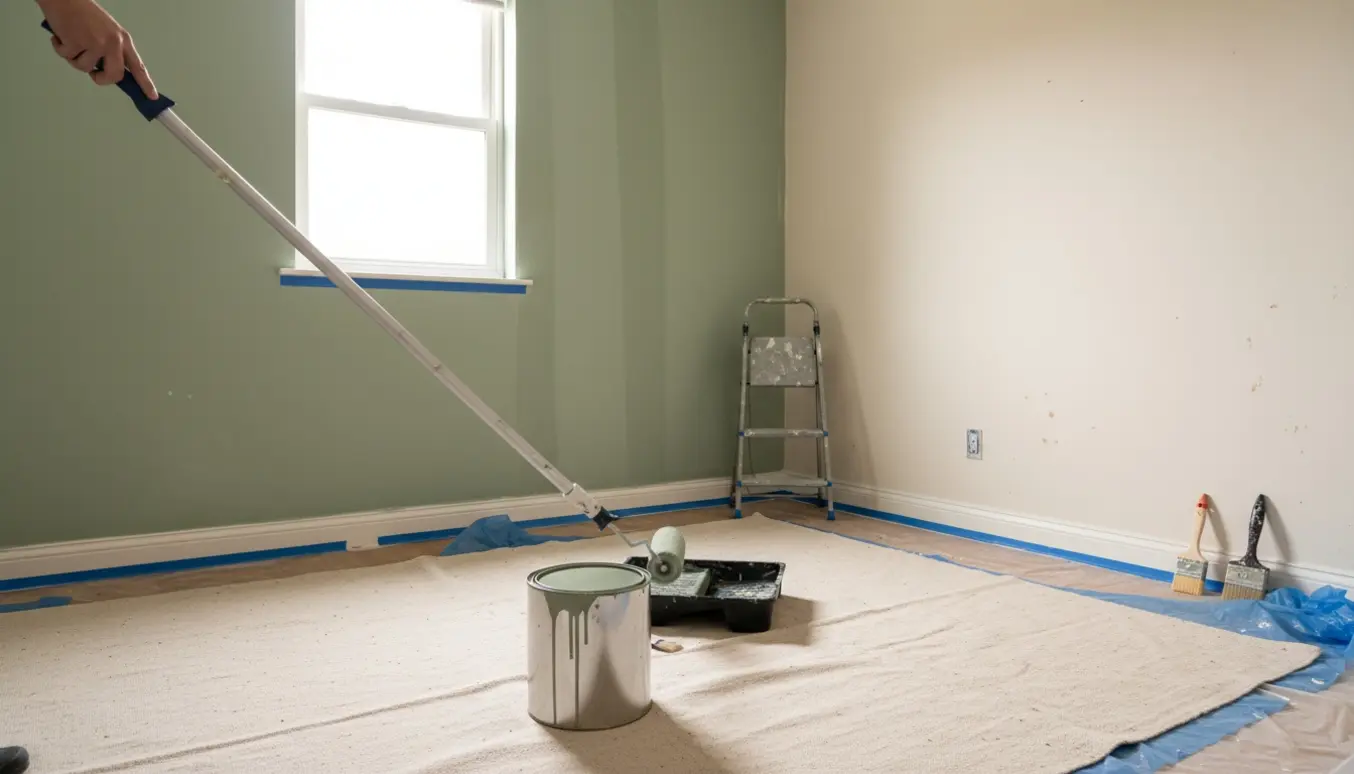 Et næsten tomt 10 m² værelse i naturligt dagslys med en halvmalet væg, malerrulle, malerbøtte og afdækningsplast.