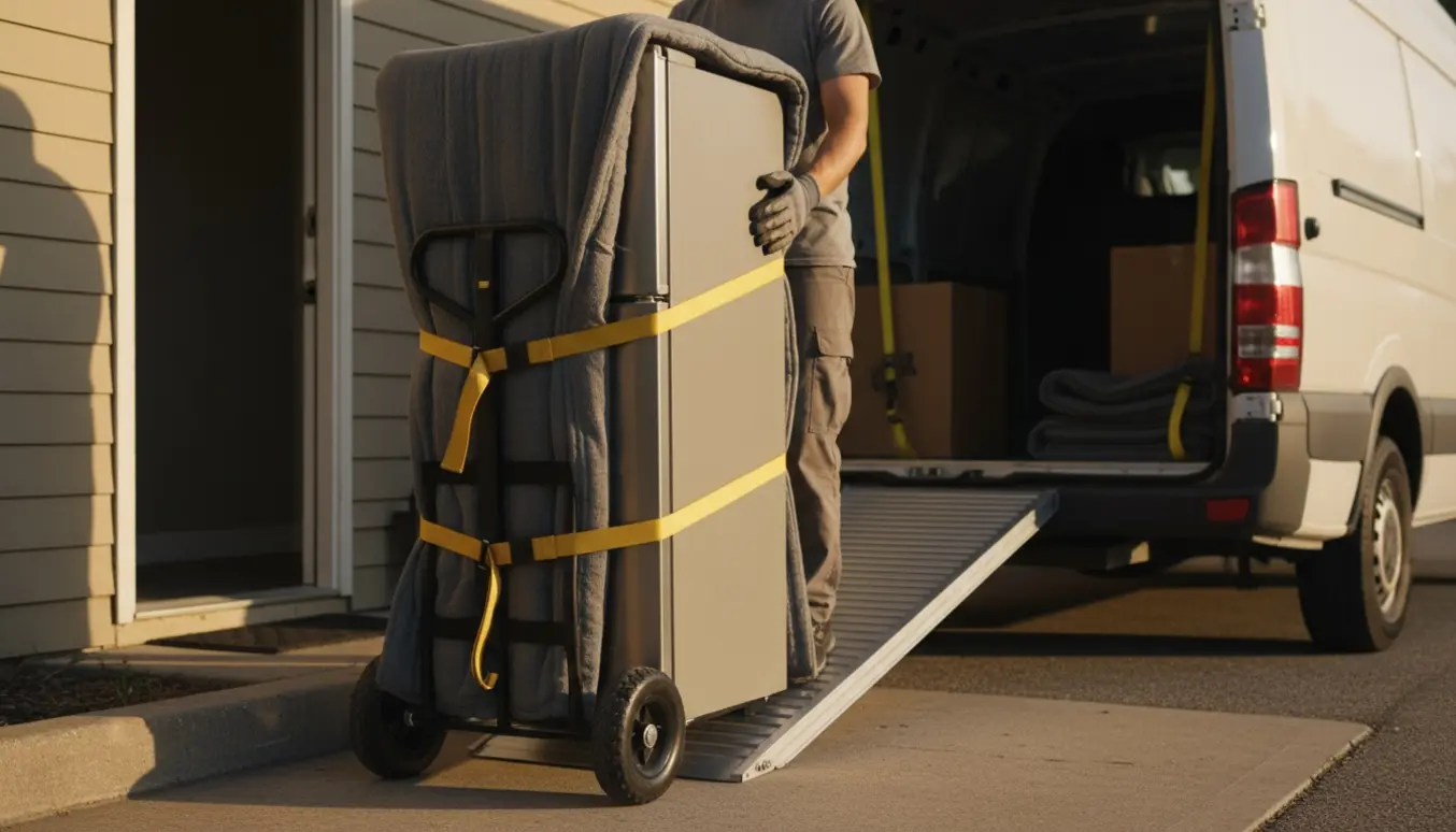 To personer flytter et højt, slankt køleskab på en håndtruck ind i en varevogn ved sen eftermiddag.
