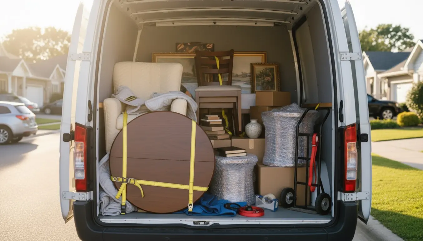 Åben varevogn fyldt med møbler: to lænestole, et rundt spisebord, stole, sofaborde, malerier og flyttekasser.