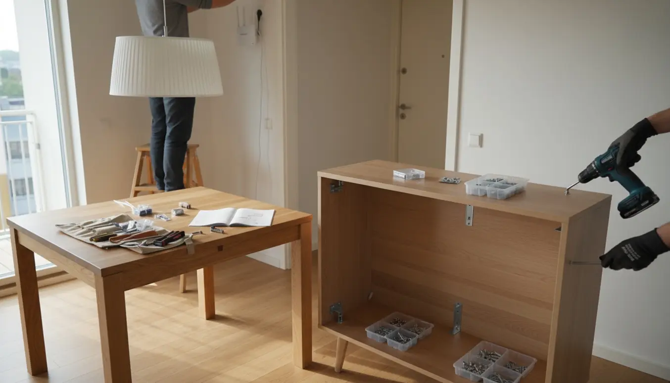 Delvist samlet tv-møbel og spisebord i en lys, skandinavisk stue, mens en lampe hænges op over bordet og routerens ledning føres ved hoveddøren.