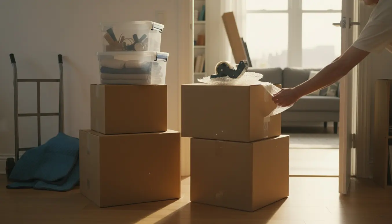 Otte flyttekasser og plastikbokse i en solfyldt stue, mens en hånd lukker en kasse med pakkebånd.