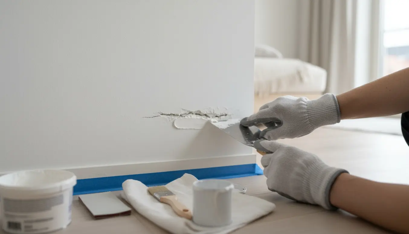 Nærbillede af reparation af en 10–15 cm dyb ridse i en hvid væg med spartel, slibepapir og en lille malerkost klar til finish.