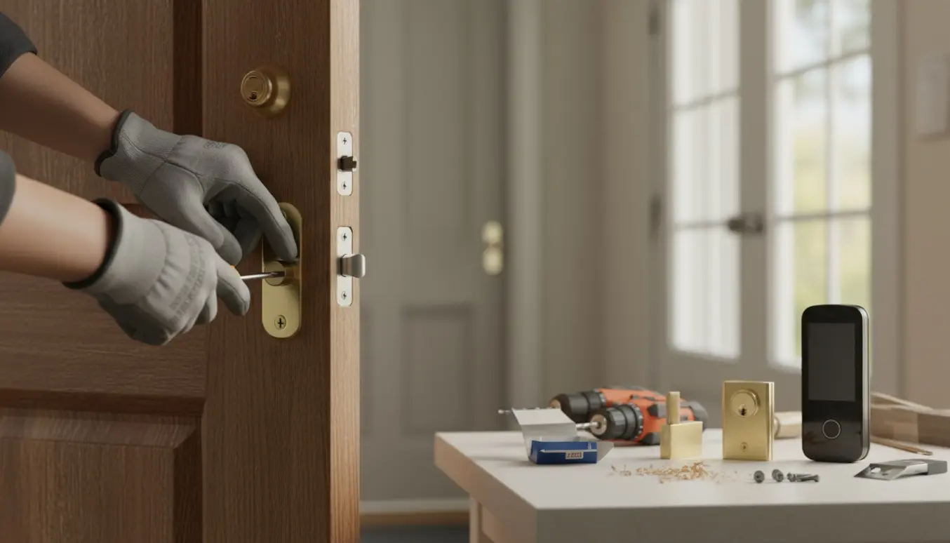 Hænder udskifter en hoveddørslås med traditionelle og elektroniske låse på et værktøjsbord.