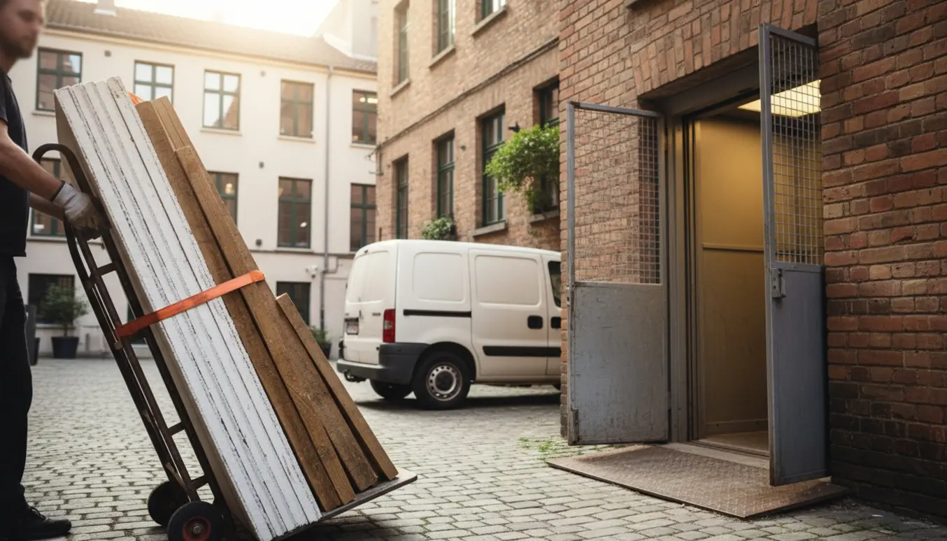 Gipsplader og træ på en sækvogn i en indre by-baggård ved en lille vareelevator, klar til aflevering.